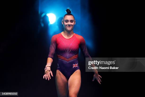 Jessica Gadirova of Team Great Britain walks into the arena during Day Four of the 2022 Gymnastics World Championships at M&S Bank Arena on November...