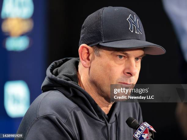 New York Yankees manager Aaron Boone speaks to the media during the pregame press conference before game 4 of the ALCS at Yankee Stadium in the...