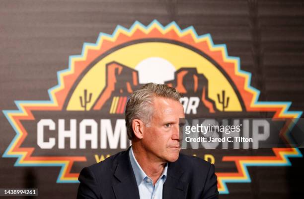 President Steve Phelps speaks to the media during the NASCAR annual State of the Sport address at Phoenix Raceway on November 04, 2022 in Avondale,...