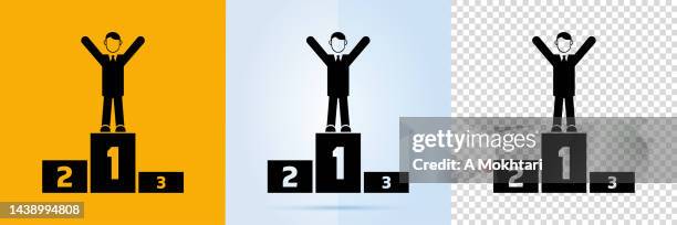 set of winner man icons on podium. - orange background spotlight stock illustrations