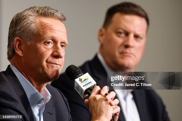 President Steve Phelps and NASCAR Executive Vice President Steve O'Donnell speak to the media during the NASCAR annual State of the Sport address at...