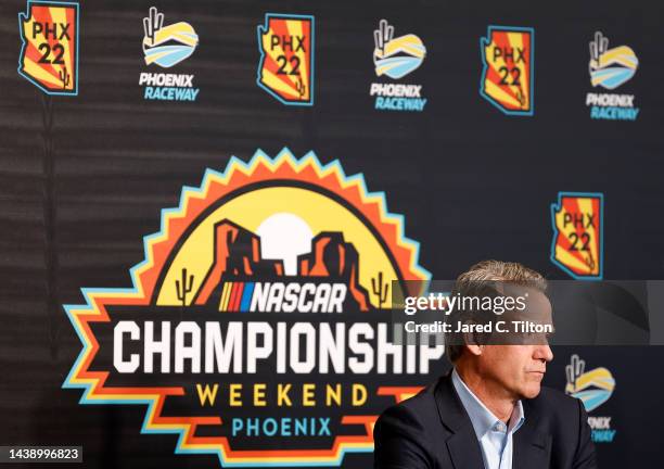 President Steve Phelps speaks to the media during the NASCAR annual State of the Sport address at Phoenix Raceway on November 04, 2022 in Avondale,...