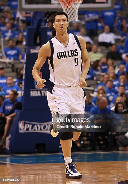 Yi Jianlian of the Dallas Mavericks during Game Three of the Western Conference Quarterfinal at American Airlines Center on May 3, 2012 in Dallas,...