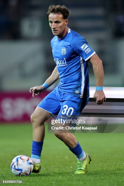 Mirnes Pepic of Meppen runs with the ball during the 3. Liga match between SV Meppen and SV Wehen Wiesbaden at Haensch-Arena on November 04, 2022 in...