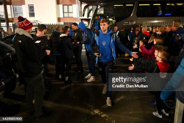 Players of Portsmouth are greeted by fans prior to the FA Cup First Round match between Hereford FC and Portsmouth FC at Edgar Street Athletic Ground...
