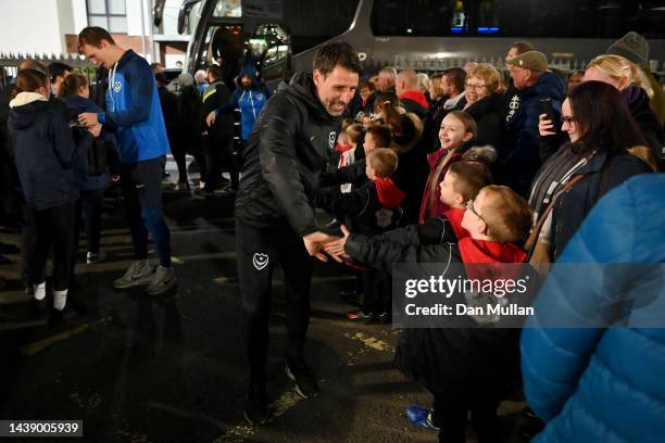 Portsmouth Manager Danny Cowley is greeted by fans prior to the FA Cup First Round match between Hereford FC and Portsmouth FC at Edgar Street...
