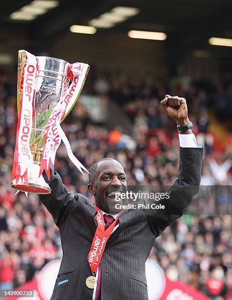 Chris Powell, Manager of Charlton, lifts the npower Trophy after winning the npower League One match between Charlton Athletic and Hartlepool United,...