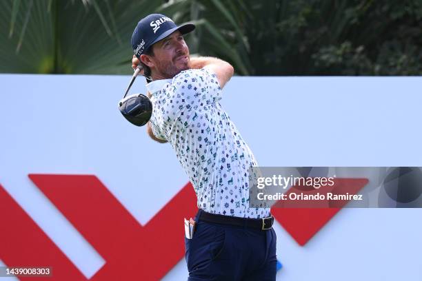 Sam Ryder of United States plays his shot from the 18th tee e during the second round of the World Wide Technology Championship at Club de Golf El...