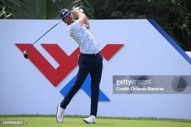 Sam Ryder of United States plays his shot from the 18th tee e during the second round of the World Wide Technology Championship at Club de Golf El...