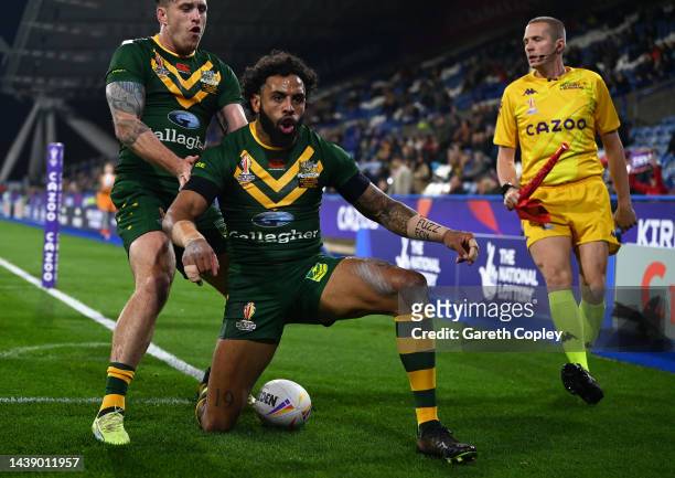 Josh Addo-Carr of Australia celebrates after scoring their team's third try during the Rugby League World Cup Quarter Final match between Australia...
