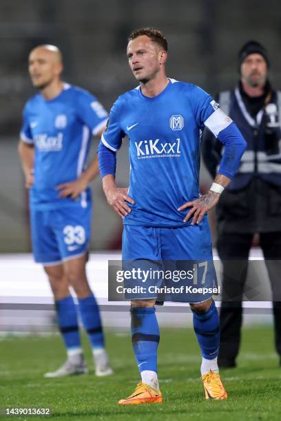 Tobias Kraulich and Christoph Hemlein of Meppen look dejected after losing 0-3 the 3. Liga match between SV Meppen and SV Wehen Wiesbaden at...