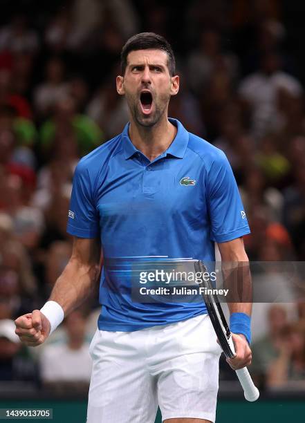 Novak Djokovic of Serbia celebrates against Lorenzo Musetti of Italy in the Quarter finals during Day Five of the Rolex Paris Masters tennis at...