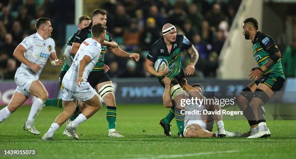 Aaron Hinkley of Northampton Saints is held during the Gallagher Premiership Rugby match between Northampton Saints and Exeter Chiefs at Franklin's...