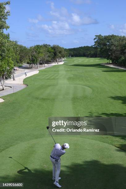 Russell Henley of United States plays his shot from the first tee during the second round of the World Wide Technology Championship at Club de Golf...