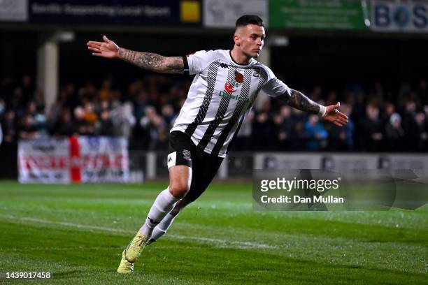 Miles Storey of Hereford celebrates scoring his teams first goal of the game during the FA Cup First Round match between Hereford FC and Portsmouth...