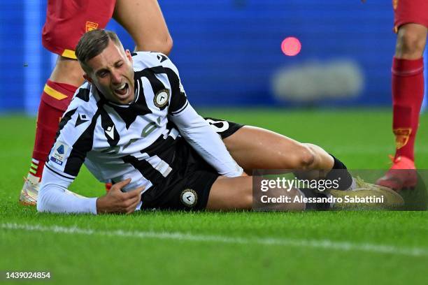 Gerard Deulofeu of Udinese Calcio reacts during the Serie A match between Udinese Calcio and US Lecce at Dacia Arena on November 04, 2022 in Udine,...