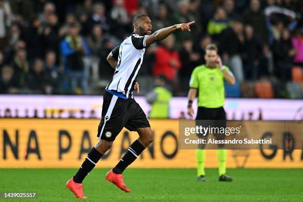 Beto of Udinese Calcio celebrates after scoring his team 1-1 goal during the Serie A match between Udinese Calcio and US Lecce at Dacia Arena on...