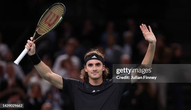 Stefanos Tsitsipas of Greece in celebrates defeating Tommy Paul of USA in the Quarter finals during Day Five of the Rolex Paris Masters tennis at...