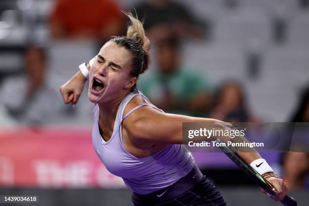 Aryna Sabalenka of Belarus celebrates after defeating Jessica Pegula of the United States in their Women's Singles Group Stage match during the 2022...