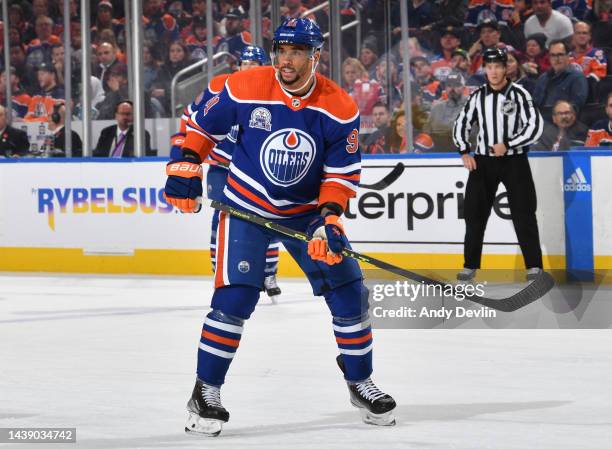 Evander Kane of the Edmonton Oilers skates during the game against the New Jersey Devils on November 03, 2022 at Rogers Place in Edmonton, Alberta,...