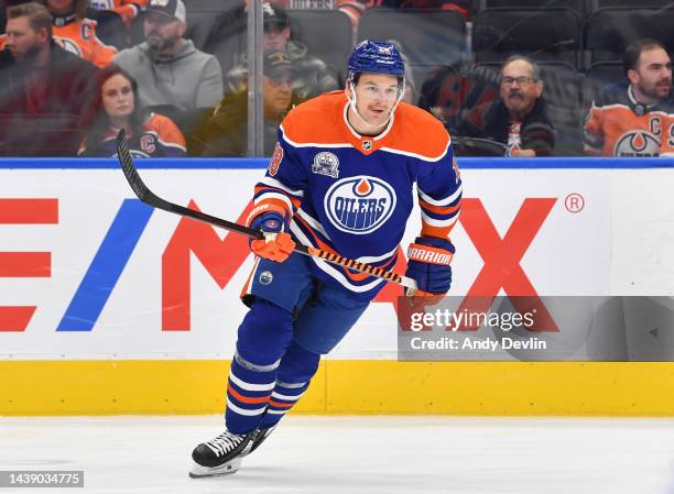 Zach Hyman of the Edmonton Oilers skates during warm ups before the game against the New Jersey Devils on November 03, 2022 at Rogers Place in...