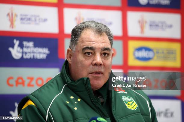 Mal Meninga, Head Coach of Australia chats to media following during the Rugby League World Cup Quarter Final match between Australia and Lebanon at...