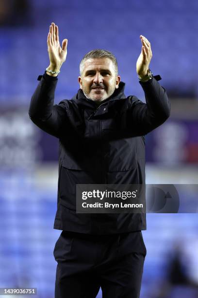 Preston North End Manager Ryan Lowe acknowledges the fans after winning the Sky Bet Championship between Reading and Preston North End at Select Car...