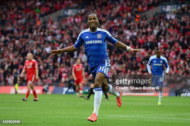 Didier Drogba of Chelsea celebrates as he scores their second goal during the FA Cup with Budweiser Final match between Liverpool and Chelsea at...