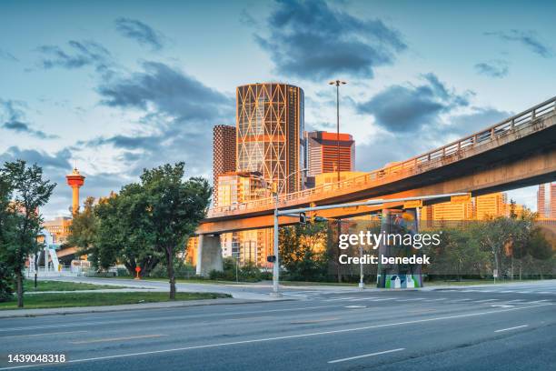 downtown calgary alberta canada sunrise - elevated road stock pictures, royalty-free photos & images