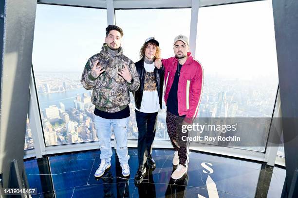 Trevor Dahl and Matthew Russell of Cheat Codes visit The Empire State Building on November 04, 2022 in New York City.