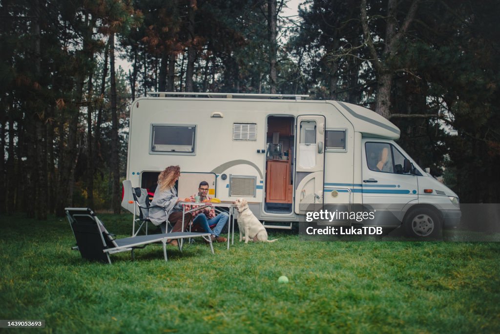 A loving couple and their dog are camping in nature