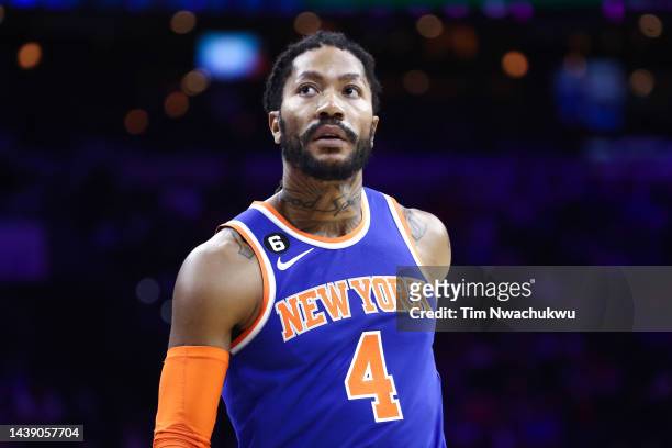 Derrick Rose of the New York Knicks looks on during the first quarter against the Philadelphia 76ers at Wells Fargo Center on November 4, 2022 in...