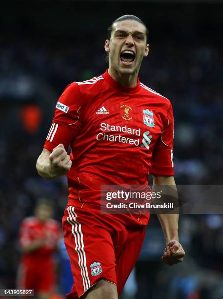 Andy Carroll of Liverpool celebrates scoring their first goal during the FA Cup with Budweiser Final match between Liverpool and Chelsea at Wembley...