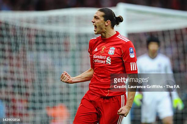 Andy Carroll of Liverpool celebrates scoring his side's first goal during the FA Cup Final with Budweiser between Liverpool and Chelsea at Wembley...