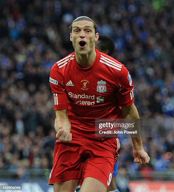 Andy Carroll of Liverpool celebrates his goal during the FA Cup Final match between Chelsea and Liverpool at Wembley Stadium on May 5, 2012 in...