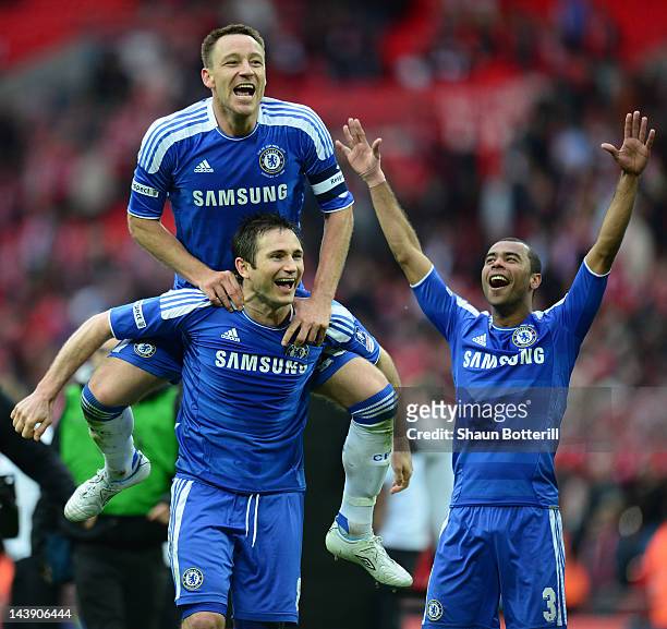 John Terry, Frank Lampard and Ashley Cole of Chelsea celebrate victory after the FA Cup with Budweiser Final match between Liverpool and Chelsea at...