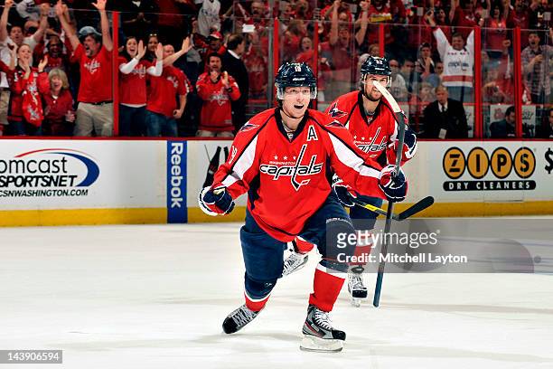 Nickals Backstrom of the Washington Capitals celebrates scoring teams second goal during the second period of Game Four of the Eastern Conference...