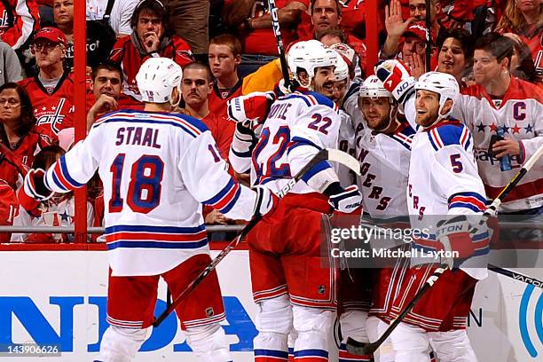 The New York Rangers celebrate their second goal during second period of Game Four of the Eastern Conference Semifinals of the 2012 NHL Stanley Cup...