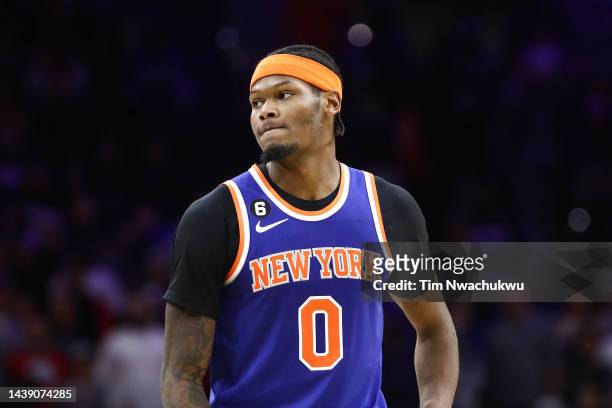 Cam Reddish of the New York Knicks looks on during the fourth quarter against the Philadelphia 76ers at Wells Fargo Center on November 4, 2022 in...