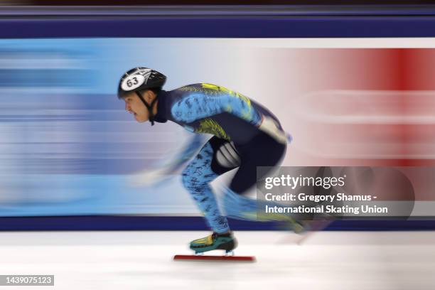 Abzal Azhgaliyev of Kazakhstan competes in a preliminary heat of the Men's 500m during the ISU World Cup Short Track at the Utah Olympic Oval on...