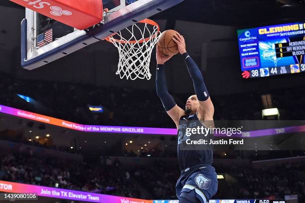 Dillon Brooks of the Memphis Grizzlies dunks the ball against the Charlotte Hornets during the second half of the game at FedExForum on November 04,...