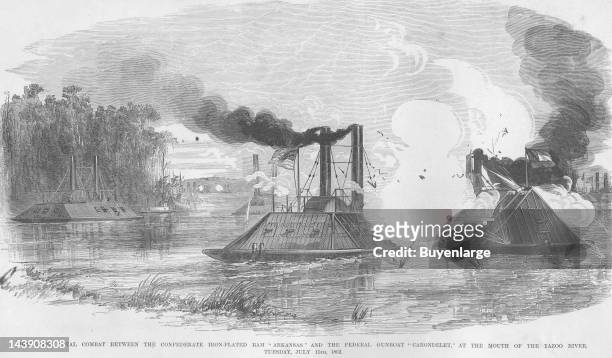 Confederate Ram 'Arkansas' & Federal Gunboat 'Carondelet,' Yazoo River, Mississippi, July 15, 1862. From an issue of Frank Leslie's Illustrated...