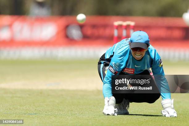 Tegan McPharlin of the Strikers misses a catch during the Women's Big Bash League match between the Melbourne Stars and the Adelaide Strikers at...