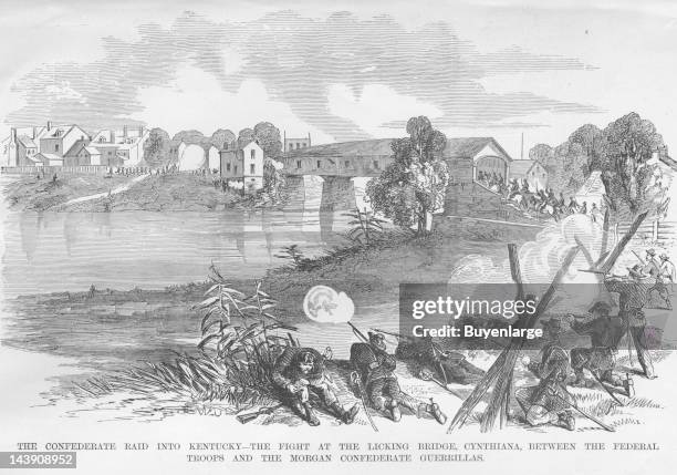 Confederate Raid into Kentucky at Licking Bridge against Morgan Guerillas, Cynthiana, Kentucky, 1861. From an issue of Frank Leslie's Illustrated...