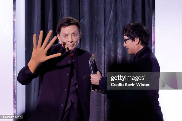 James Hong and Ke Huy Quan speak onstage during the Critics Choice Association's Celebration of Asian Pacific Cinema & Television at Fairmont Century...