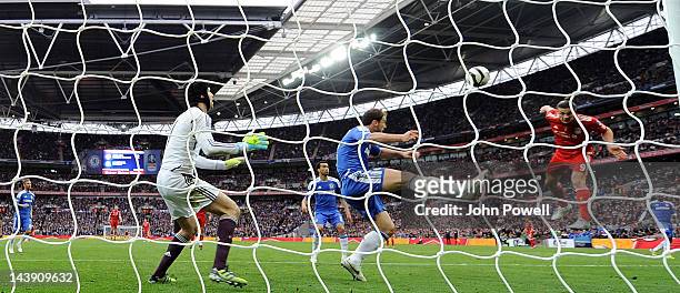 Andy Carroll of Liverpool heads in a second goal only to be disallowed during the FA Cup Final match between Chelsea and Liverpool at Wembley Stadium...