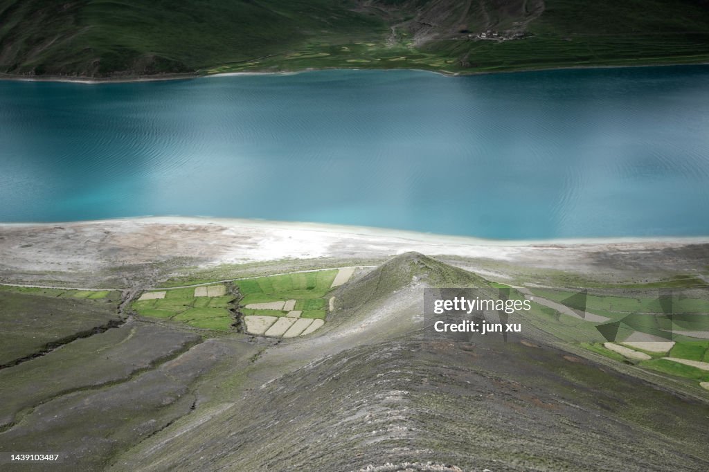 Idyllic scenery of blue lakes and snowy mountains in Tibet