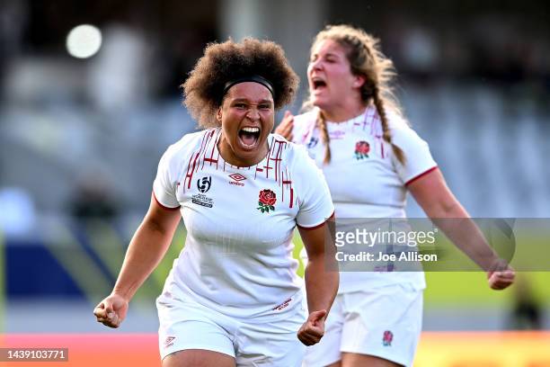 Shaunagh Brown of England celebrates after winning the Rugby World Cup 2021 Semifinal match between Canada and England at Eden Park on November 05 in...