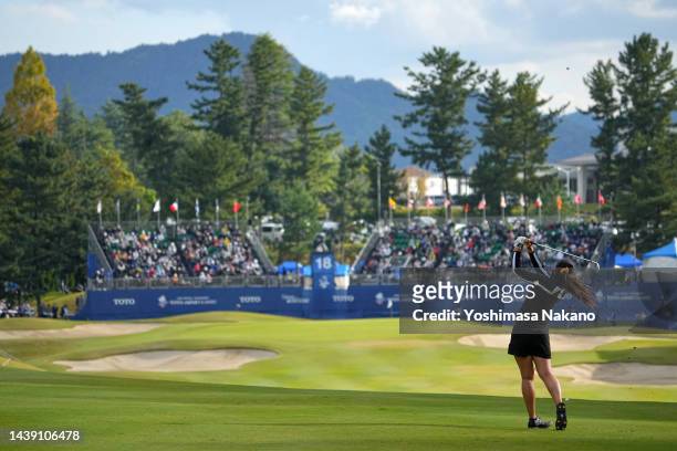 Pajaree Anannarukarn of Thailand hits her second shot on the 18th hole during the third round of the TOTO Japan Classic at Seta Golf Course North...