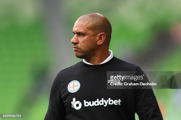 Melbourne City Head Coach Patrick Kisnorbo looks on prior to the round five A-League Men's match between Melbourne City and Perth Glory at AAMI Park...